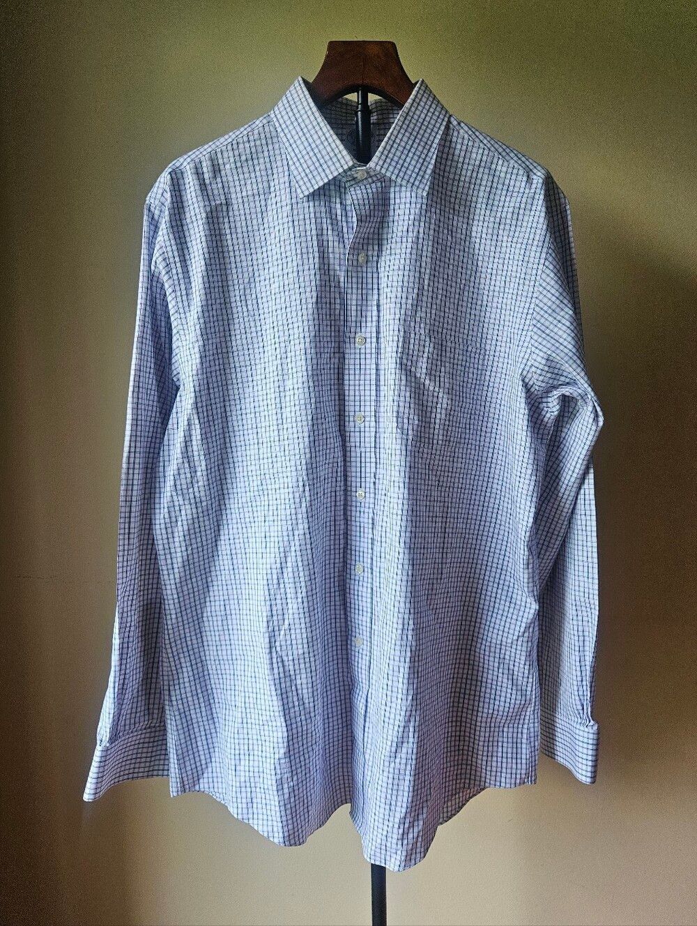 Brooks Brothers Blue and White Grid Dress Shirt Size 16 1/2 - 35